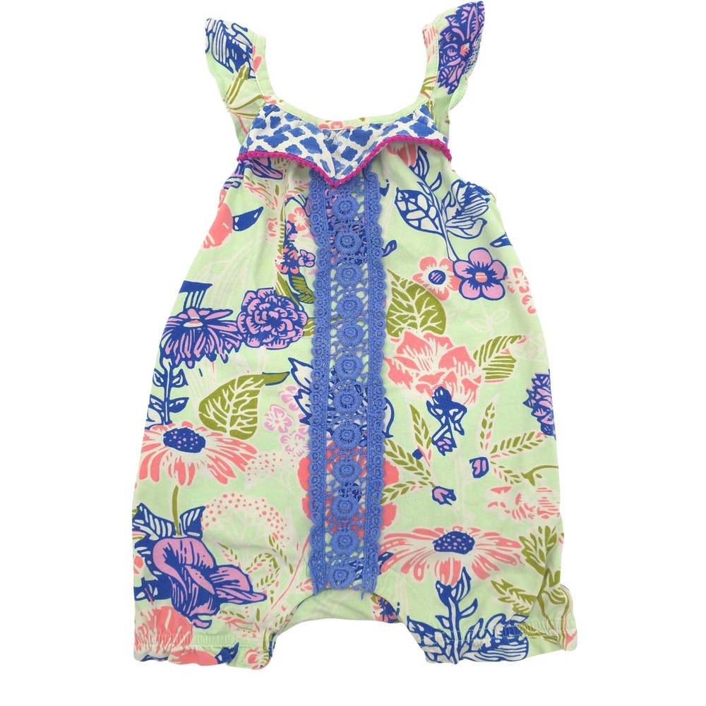 Matilda Jane Girls Floral Ruffle Butt Romper Blue Lace Trim 18-24M